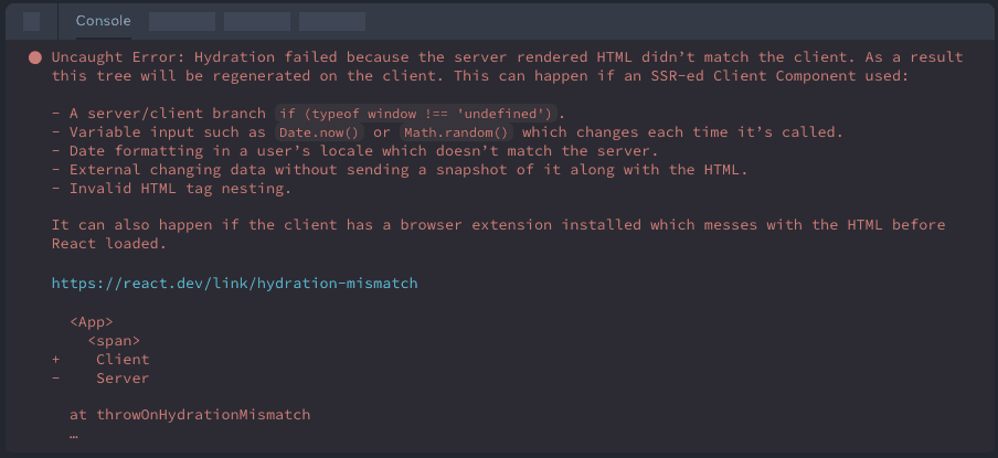 A screenshot of imporved errors for a mismatch hydration